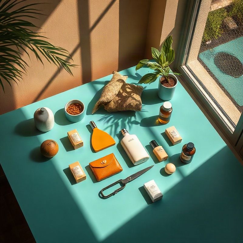 Arranjo flat-lay de produtos selecionados sobre superfície teal-cream com luz natural equatorial