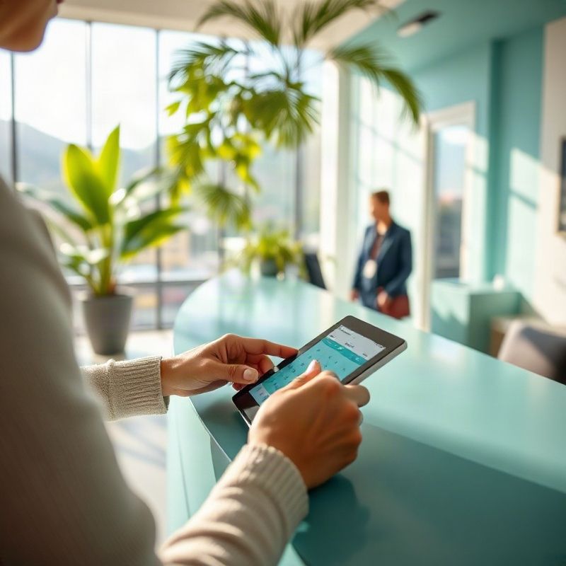 Pessoa selecionando uma data em um tablet em uma recepção teal-moderna no Rio de Janeiro