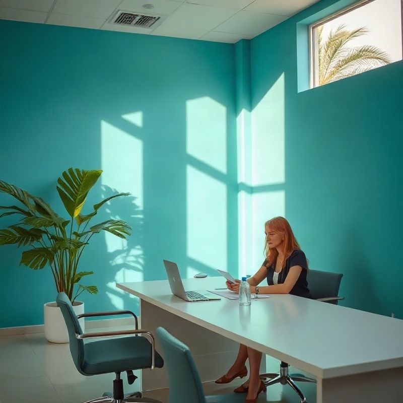 Reunião de consultoria profissional em sala com detalhes teal no Rio de Janeiro