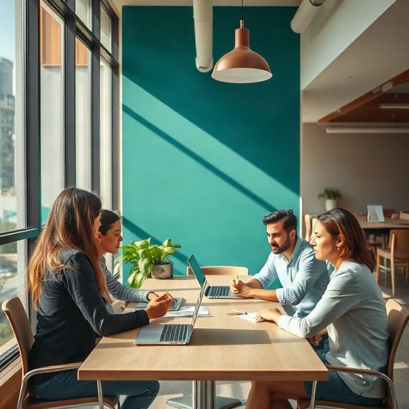 Equipe de seis profissionais colaborando em torno de uma mesa em escritório teal-moderno no Rio de Janeiro
